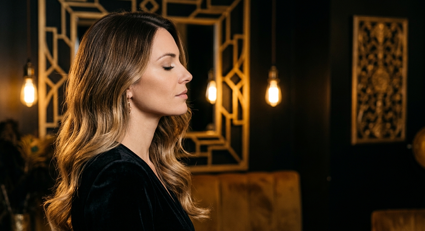 Femme aux cheveux bruns avec un balayage naturel miel-blond, vue de profil dans un salon de coiffure Art Déco à Montélimar