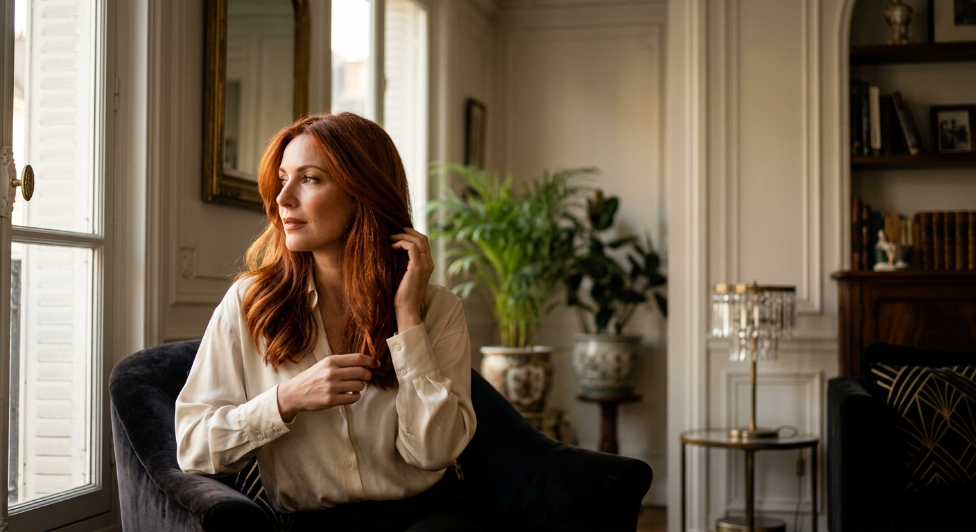 Femme aux cheveux colorés auburn cuivré baignés par une lumière d'été dorée, symbolisant l'entretien de la couleur capillaire en été