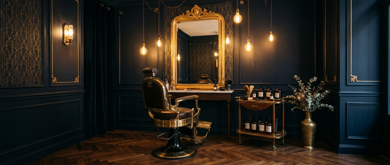 Intérieur d'un salon de coiffure privé Art Déco à Montélimar, fauteuil vintage doré, miroir orné et ambiance intimiste